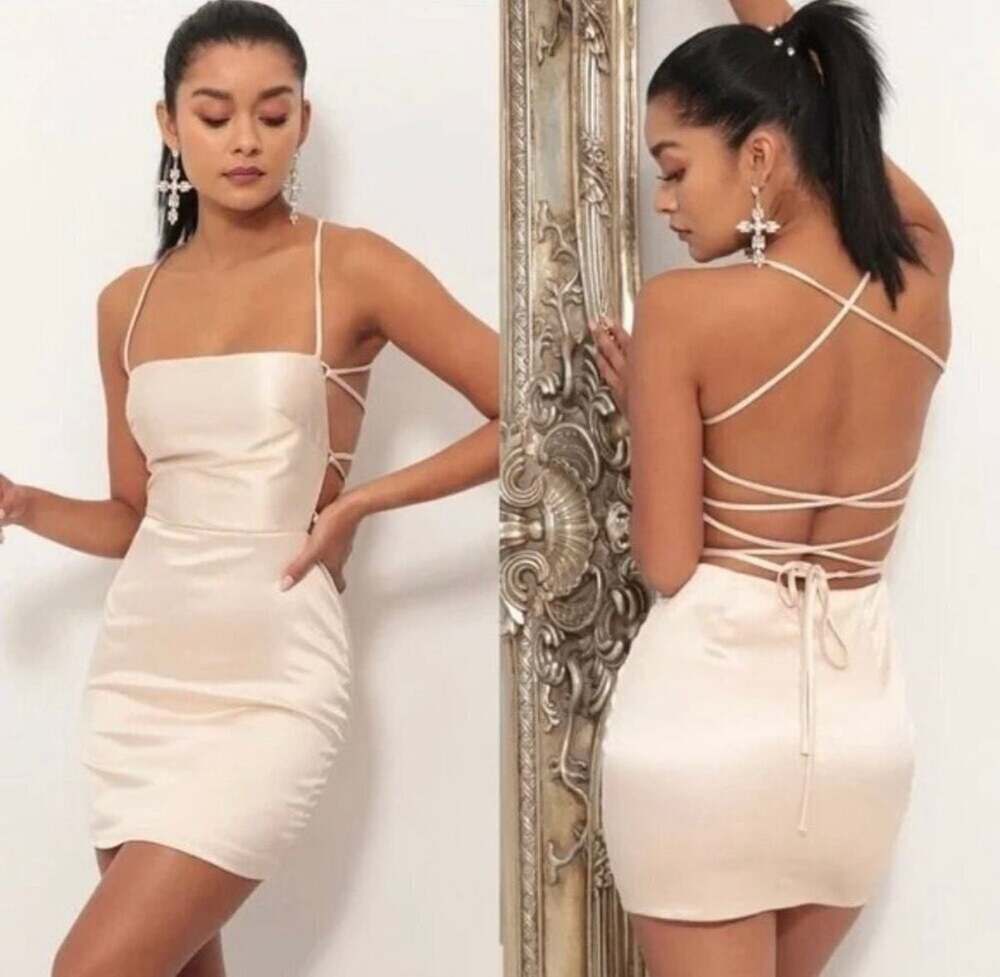Lucy in the Sky Champagne Satin Lace-Up Back Mini Dress